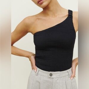 Reformation Women's Top Smocked Linen Ruched Straps Holly One Shoulder S Black